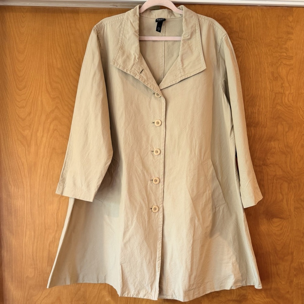 Vintage Eileen Fisher 1X Swing Blazer Jacket Tan Lightweight Button Front